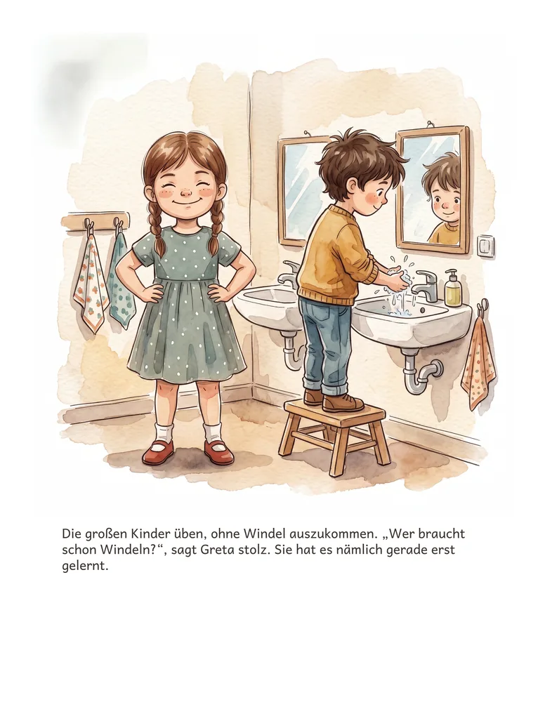 Die großen Kinder üben, ohne Windel auszukommen. „Wer braucht schon Windeln?“, sagt Greta stolz. Sie hat es nämlich gerade erst gelernt.