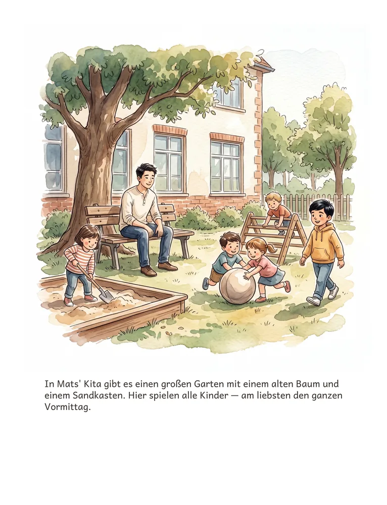 In Mats' Kita gibt es einen großen Garten mit einem alten Baum und einem Sandkasten. Hier spielen alle Kinder — am liebsten den ganzen Vormittag.