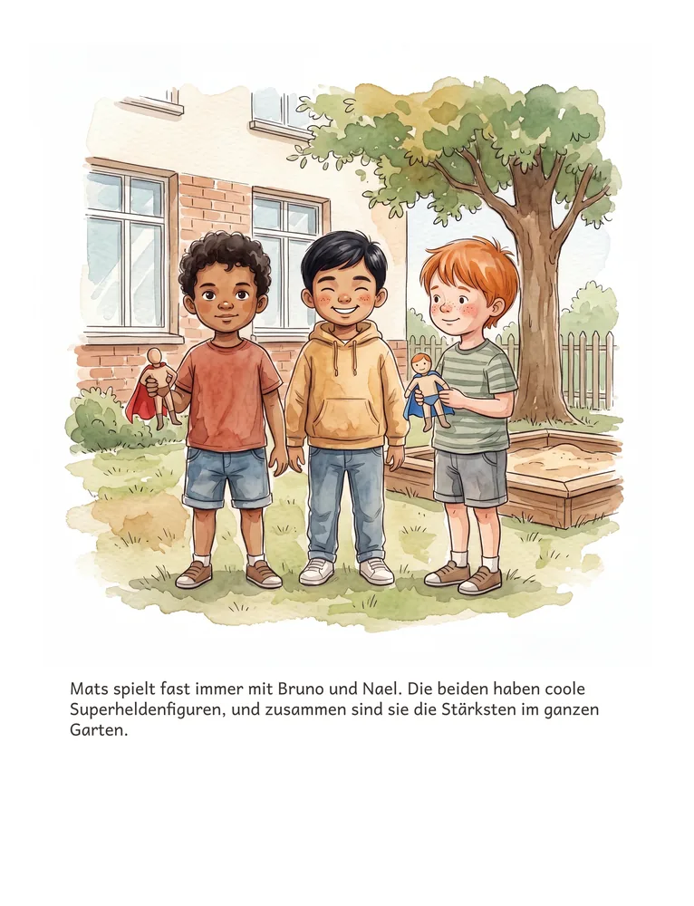 Mats spielt fast immer mit Bruno und Nael. Die beiden haben coole Superheldenfiguren, und zusammen sind sie die Stärksten im ganzen Garten.