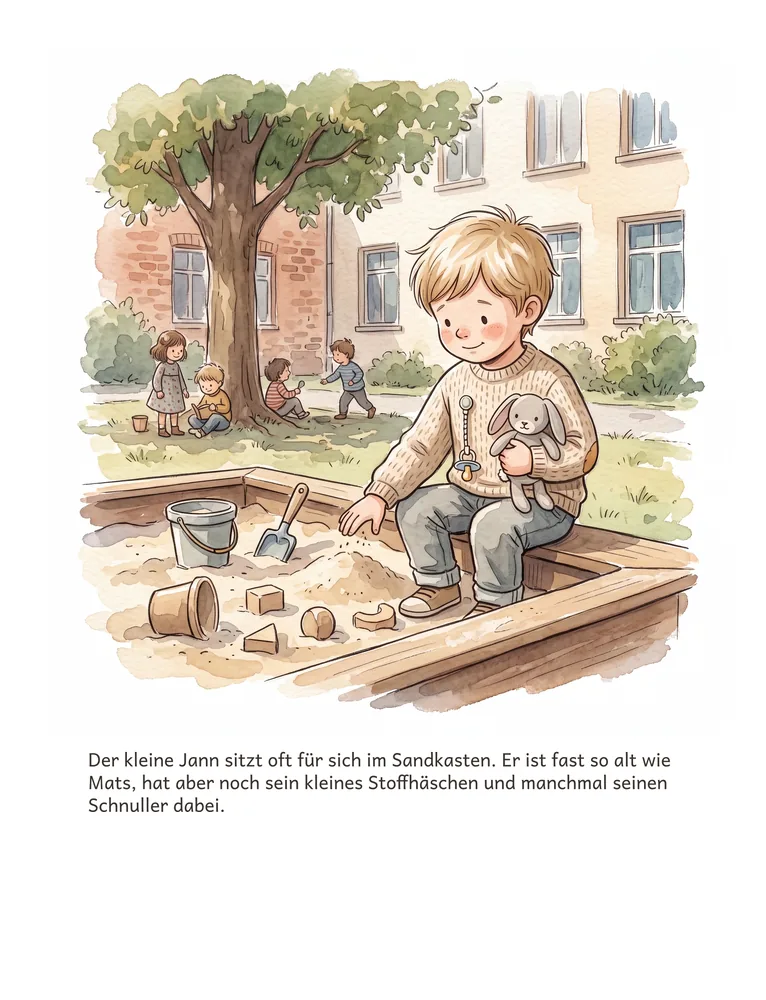 Der kleine Jann sitzt oft für sich im Sandkasten. Er ist fast so alt wie Mats, hat aber noch sein kleines Stoffhäschen und manchmal seinen Schnuller dabei.