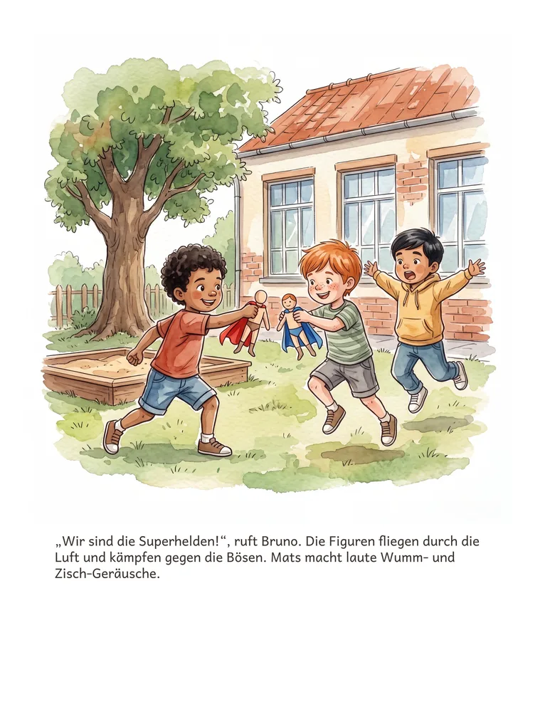 „Wir sind die Superhelden!“, ruft Bruno. Die Figuren fliegen durch die Luft und kämpfen gegen die Bösen. Mats macht laute Wumm- und Zisch-Geräusche.