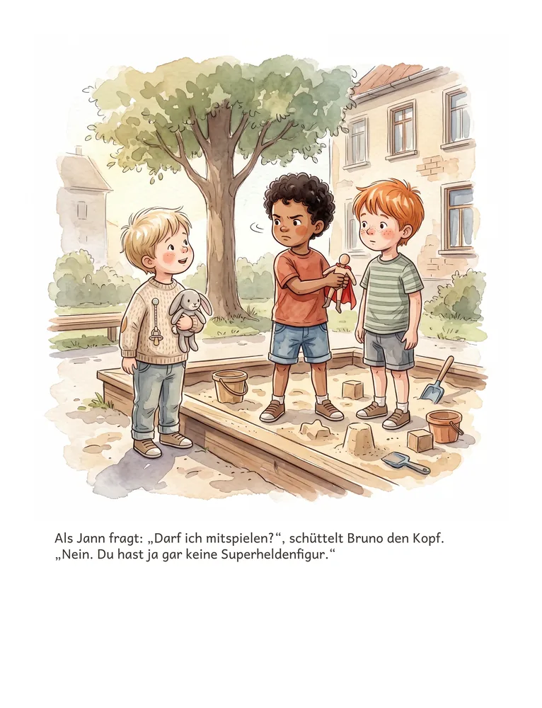 Als Jann fragt: „Darf ich mitspielen?“, schüttelt Bruno den Kopf. „Nein. Du hast ja gar keine Superheldenfigur.“