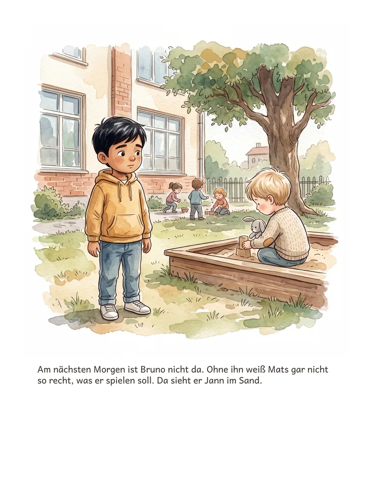 Am nächsten Morgen ist Bruno nicht da. Ohne ihn weiß Mats gar nicht so recht, was er spielen soll. Da sieht er Jann im Sand.