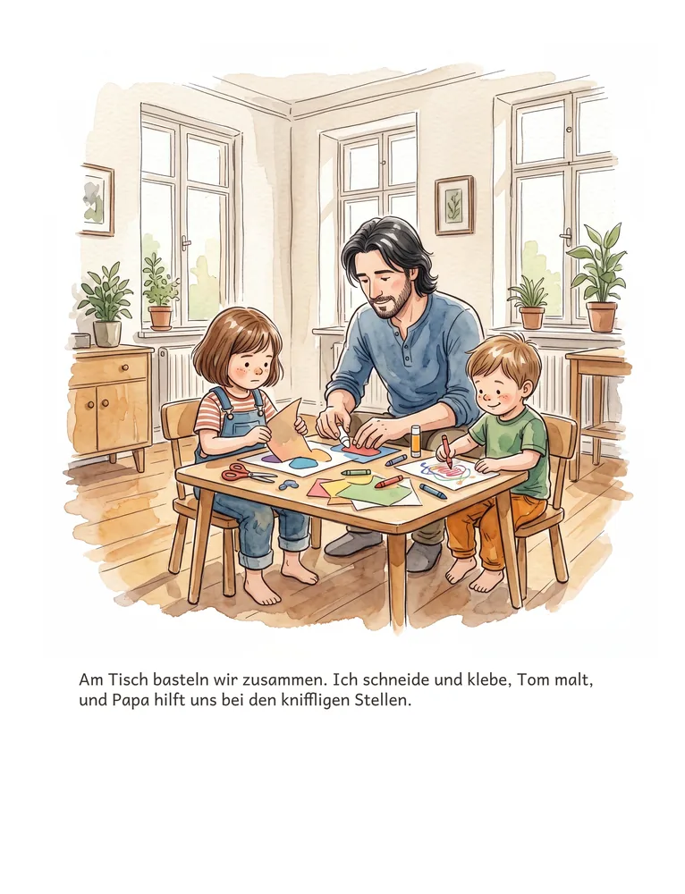 Am Tisch basteln wir zusammen. Ich schneide und klebe, Tom malt, und Papa hilft uns bei den kniffligen Stellen.
