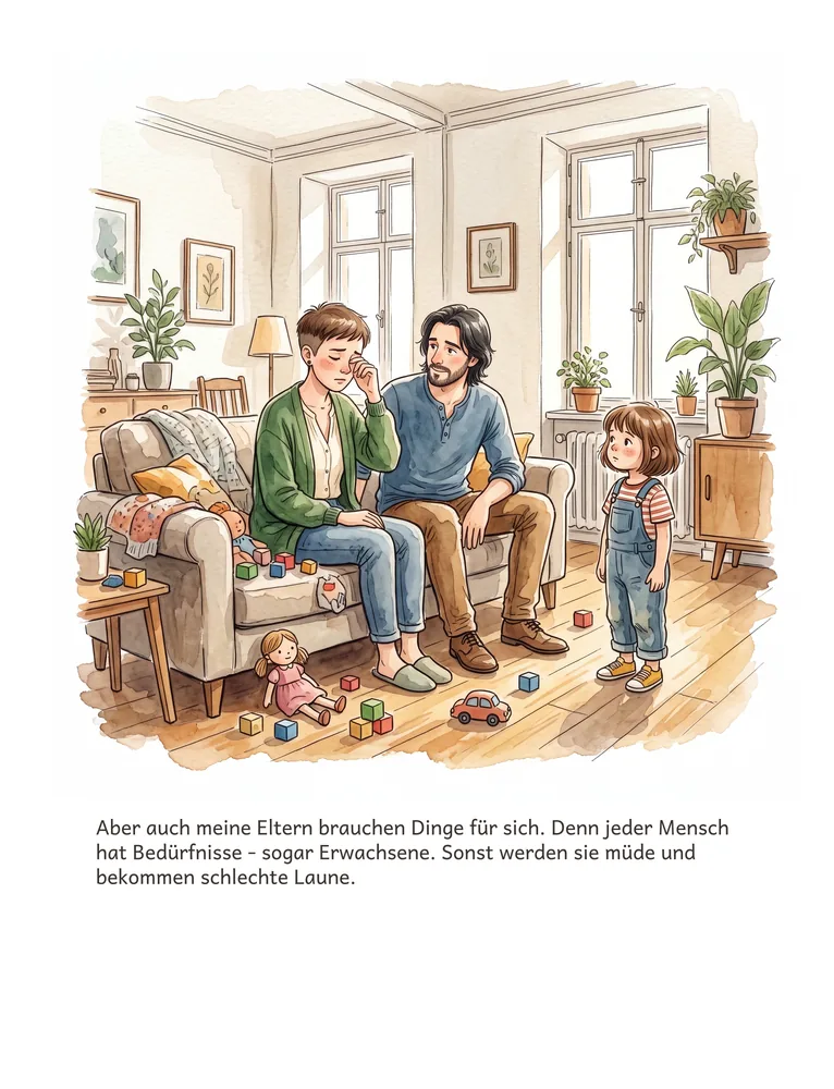 Aber auch meine Eltern brauchen Dinge für sich. Denn jeder Mensch hat Bedürfnisse - sogar Erwachsene. Sonst werden sie müde und bekommen schlechte Laune.