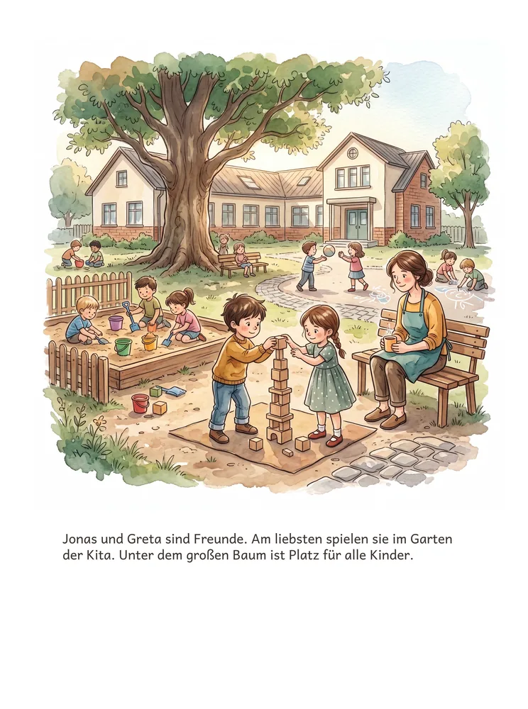 Jonas und Greta sind Freunde. Am liebsten spielen sie im Garten der Kita. Unter dem großen Baum ist Platz für alle Kinder.