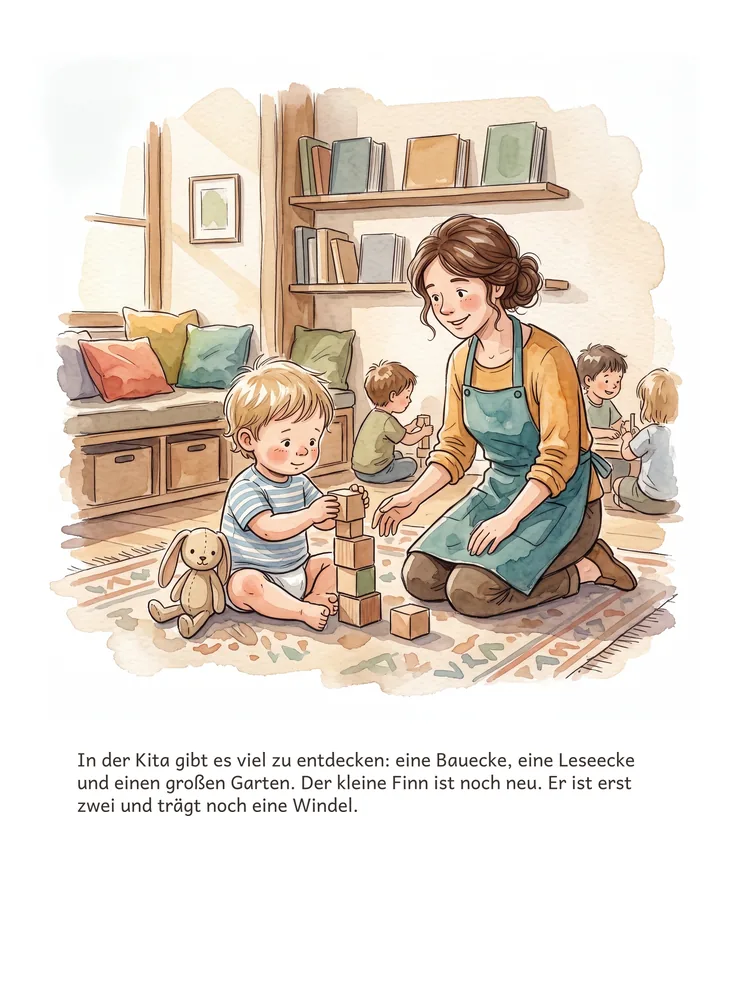 In der Kita gibt es viel zu entdecken: eine Bauecke, eine Leseecke und einen großen Garten. Der kleine Finn ist noch neu. Er ist erst zwei und trägt noch…
