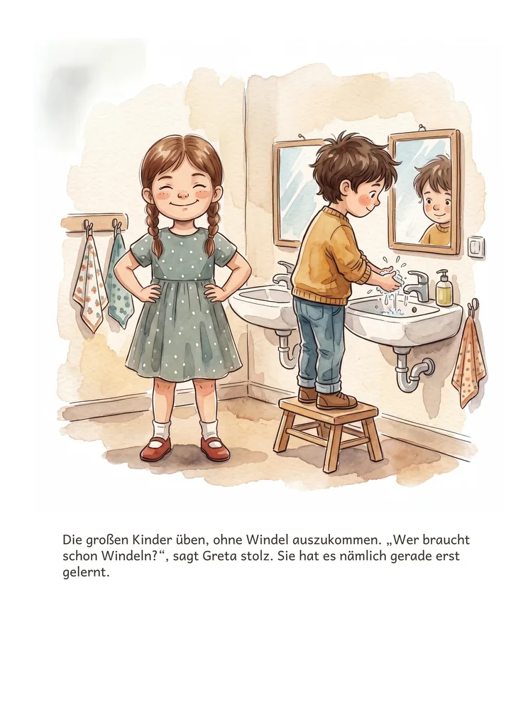 Die großen Kinder üben, ohne Windel auszukommen. „Wer braucht schon Windeln?“, sagt Greta stolz. Sie hat es nämlich gerade erst gelernt.