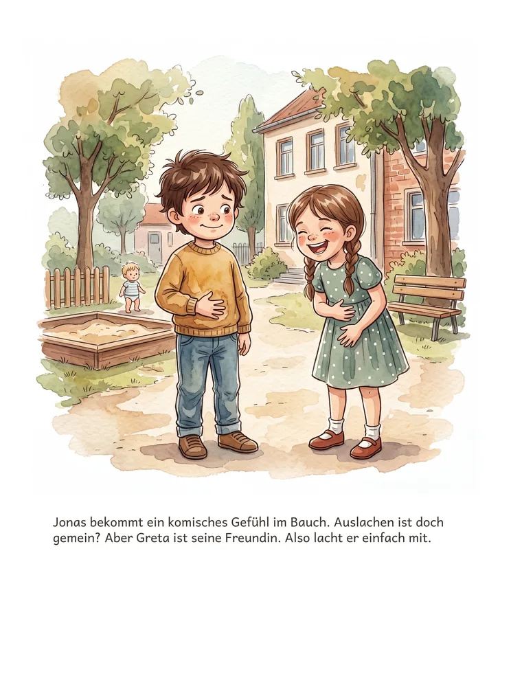 Jonas bekommt ein komisches Gefühl im Bauch. Auslachen ist doch gemein? Aber Greta ist seine Freundin. Also lacht er einfach mit.
