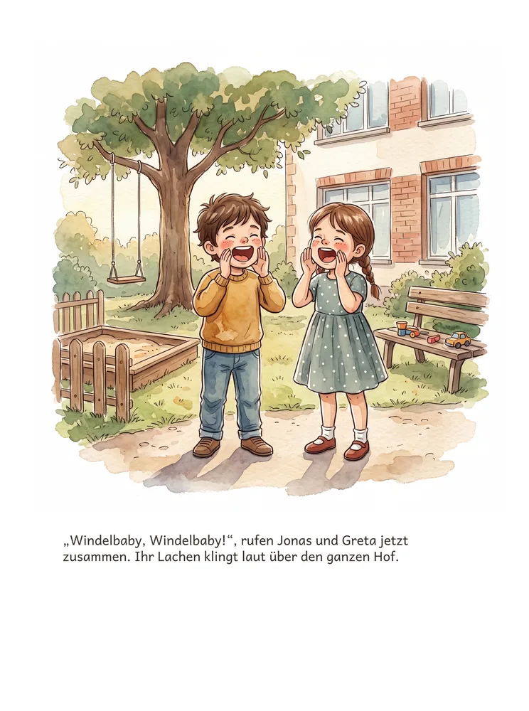 „Windelbaby, Windelbaby!“, rufen Jonas und Greta jetzt zusammen. Ihr Lachen klingt laut über den ganzen Hof.