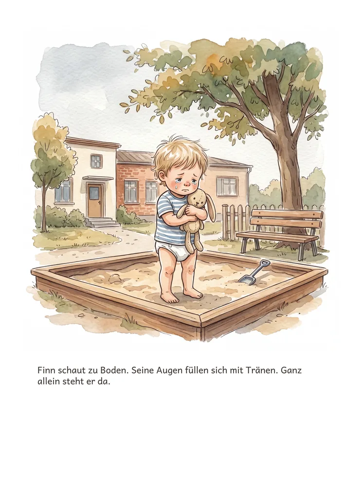Finn schaut zu Boden. Seine Augen füllen sich mit Tränen. Ganz allein steht er da.