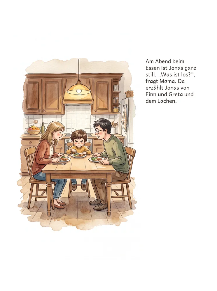 Am Abend beim Essen ist Jonas ganz still. „Was ist los?“, fragt Mama. Da erzählt Jonas von Finn und Greta und dem Lachen.