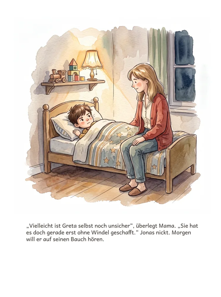 „Vielleicht ist Greta selbst noch unsicher“, überlegt Mama. „Sie hat es doch gerade erst ohne Windel geschafft.“ Jonas nickt. Morgen will er auf seinen…