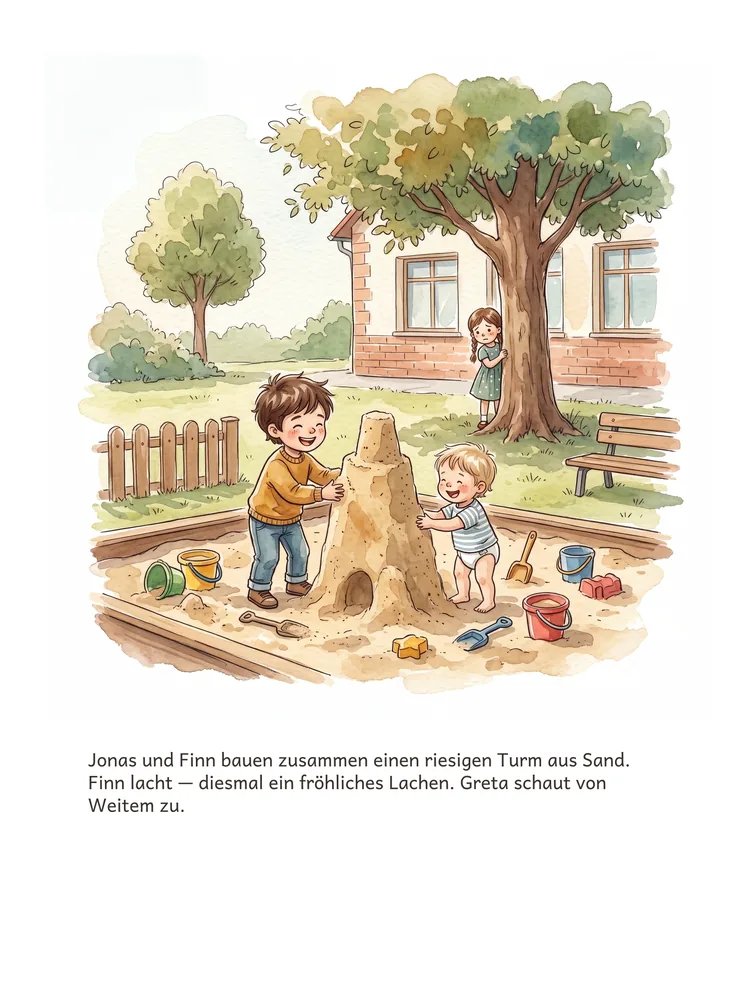 Jonas und Finn bauen zusammen einen riesigen Turm aus Sand. Finn lacht — diesmal ein fröhliches Lachen. Greta schaut von Weitem zu.