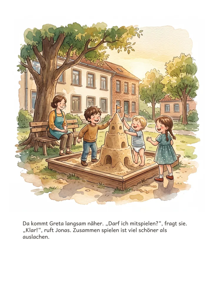 Da kommt Greta langsam näher. „Darf ich mitspielen?“, fragt sie. „Klar!“, ruft Jonas. Zusammen spielen ist viel schöner als auslachen.