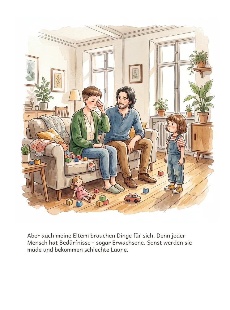 Aber auch meine Eltern brauchen Dinge für sich. Denn jeder Mensch hat Bedürfnisse - sogar Erwachsene. Sonst werden sie müde und bekommen schlechte Laune.