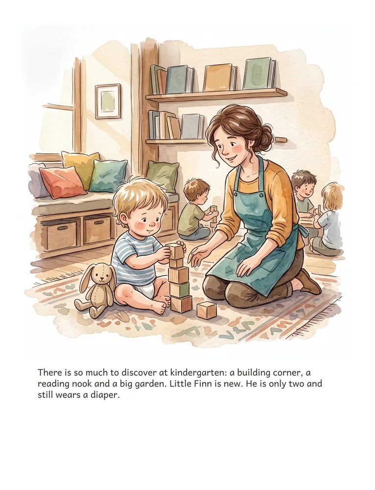 There is so much to discover at kindergarten: a building corner, a reading nook and a big garden. Little Finn is new. He is only two and still wears a diaper.