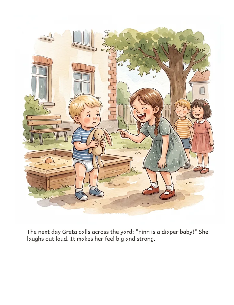 The next day Greta calls across the yard: "Finn is a diaper baby!" She laughs out loud. It makes her feel big and strong.