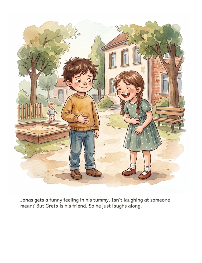 Jonas gets a funny feeling in his tummy. Isn't laughing at someone mean? But Greta is his friend. So he just laughs along.