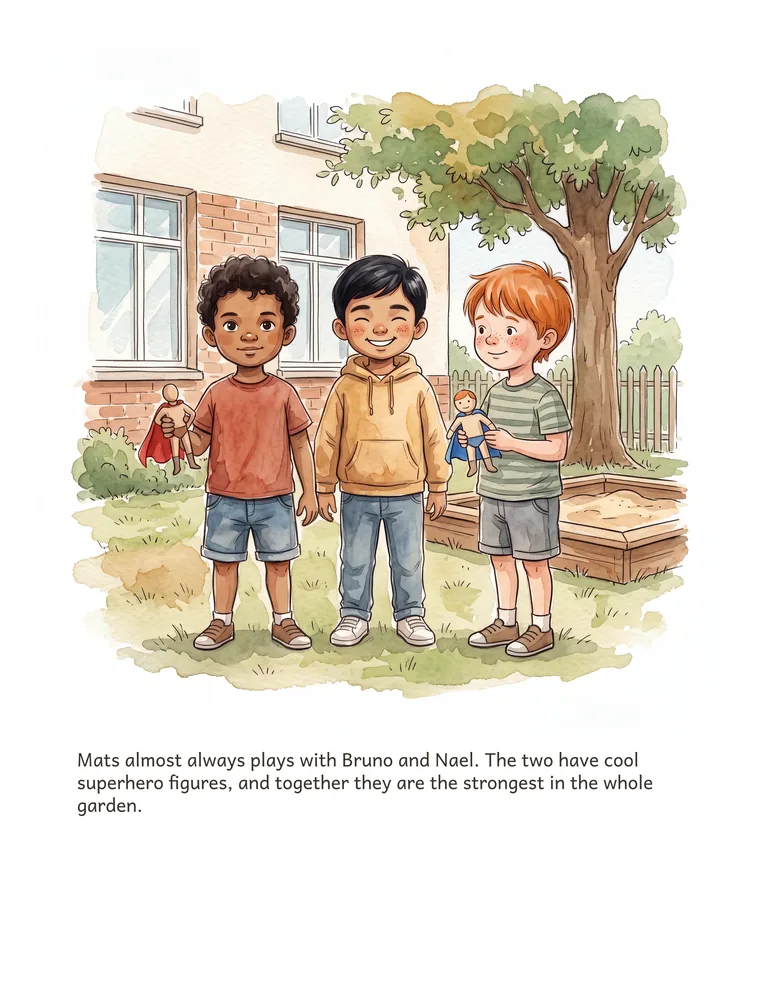 Mats almost always plays with Bruno and Nael. The two have cool superhero figures, and together they are the strongest in the whole garden.