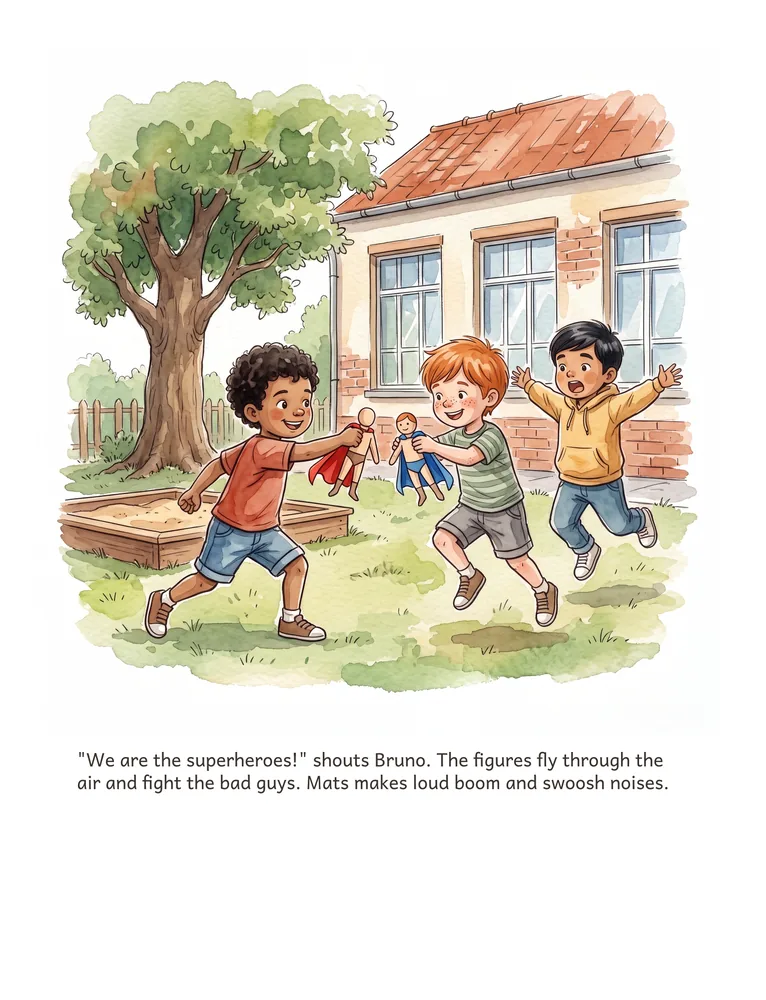 "We are the superheroes!" shouts Bruno. The figures fly through the air and fight the bad guys. Mats makes loud boom and swoosh noises.