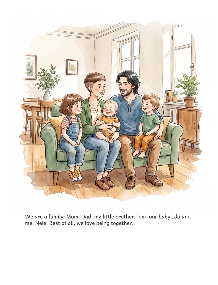 We are a family: Mom, Dad, my little brother Tom, our baby Ida and me, Nele. Best of all, we love being together.