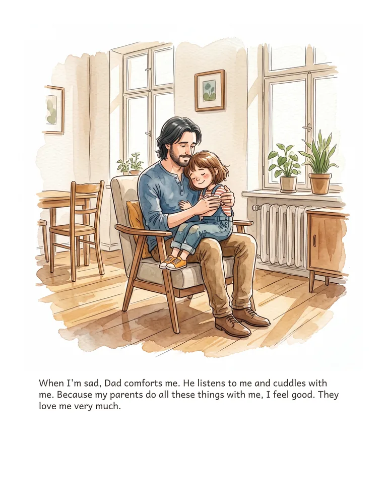 When I'm sad, Dad comforts me. He listens to me and cuddles with me. Because my parents do all these things with me, I feel good. They love me very much.
