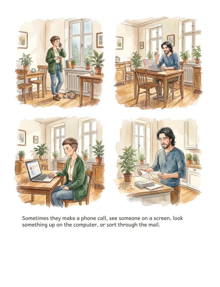Sometimes they make a phone call, see someone on a screen, look something up on the computer, or sort through the mail.
