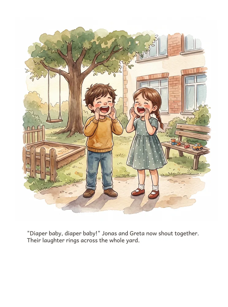 "Diaper baby, diaper baby!" Jonas and Greta now shout together. Their laughter rings across the whole yard.
