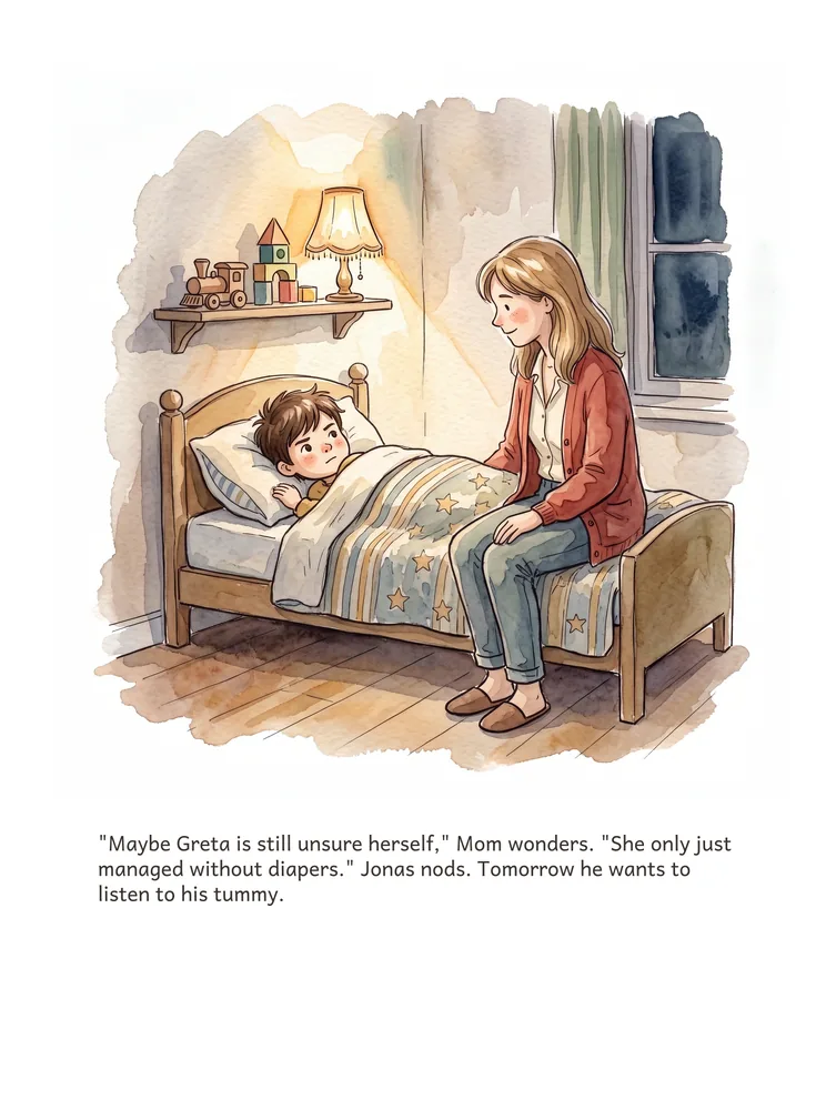 "Maybe Greta is still unsure herself," Mom wonders. "She only just managed without diapers." Jonas nods. Tomorrow he wants to listen to his tummy.