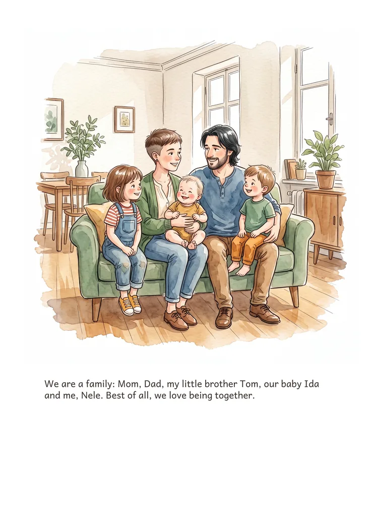 We are a family: Mom, Dad, my little brother Tom, our baby Ida and me, Nele. Best of all, we love being together.
