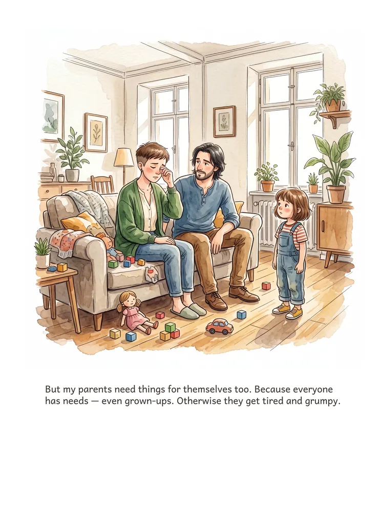 But my parents need things for themselves too. Because everyone has needs — even grown-ups. Otherwise they get tired and grumpy.